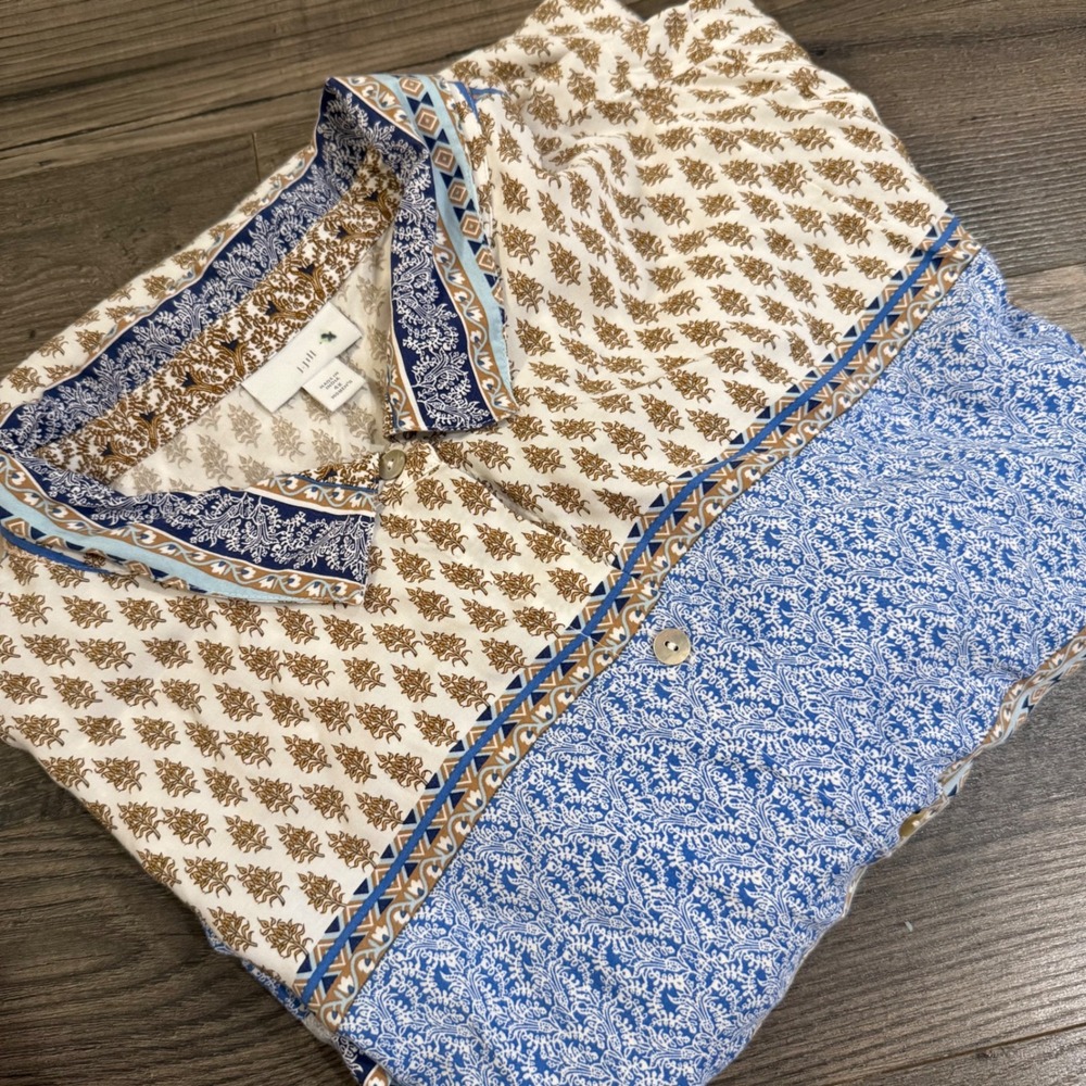 J. Jill Mixed Block Print Button Front Tunic Top Blue Tan Women's 4X  Boho